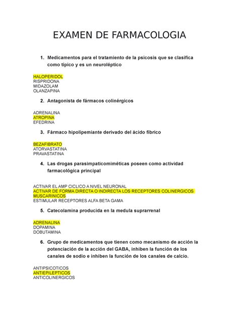 Examen De Farmacolog A Examen De Farmacologia Medicamentos Para El