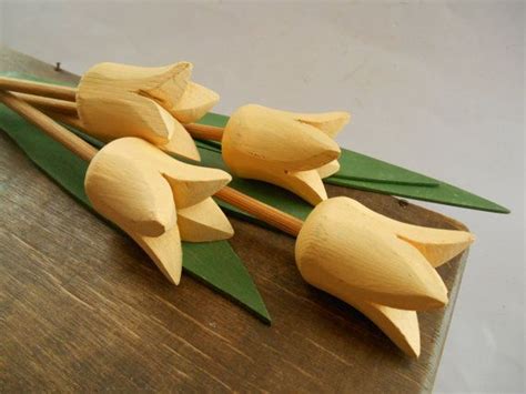 Swedish Hand Carved Tulips Yellow Wooden Tulips And Leaves Set Etsy