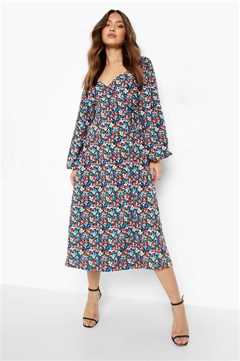 Floral Puff Sleeve Wrap Skater Dress Boohoo