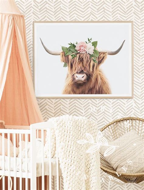 Highland Cow With Flower Crown Highland Cow Print Girl Nursery Prints Highland Cow Flower