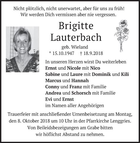 Traueranzeigen Von Brigitte Lauterbach Trauer Merkur De