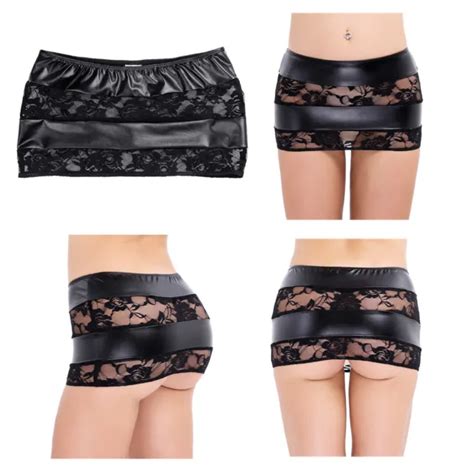 Sexy Damen Spitze Wetlook Leder Rock Durchsichtig Minirock Bodycon Gogo