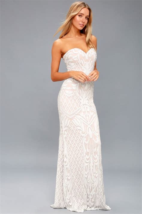 White Sequin Dress Strapless Gown Sequin Maxi Dress