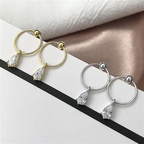 Circle Water Drop Zircon Earrings 100 925 Sterling Silver Jewelry