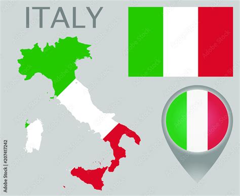 Colorful flag, map pointer and map of Italy in the colors of the ...