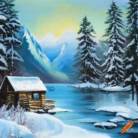 Bob Ross Oil Painting Of A River Cabin And Snow Covered Trees On Craiyon