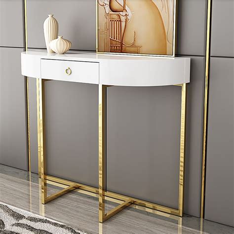 39" White Small Demilune Console Table with Storage 1 Drawer Gold ...