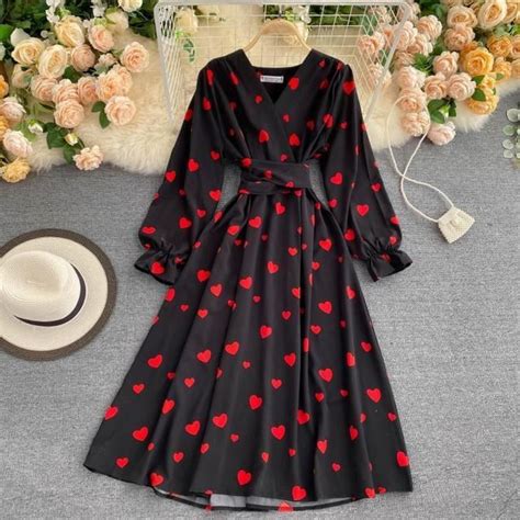 Robe Robe de soirée mi longue pour femmes Vintage imprimé coeur col en