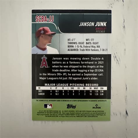 Topps Stadium Club Autographs Scba Jj Janson Junk Au Rc For