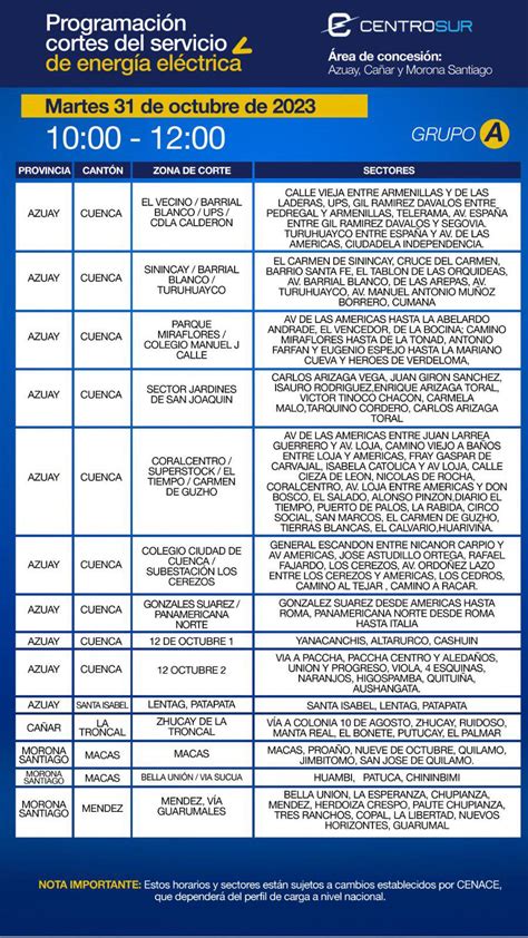 Horarios de cortes de luz en Azuay y Cañar este martes 31 de octubre