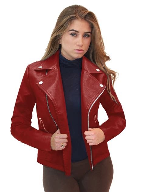 Olivia Miller Womens Faux Leather Moto Biker Jacket With Pockets In Red Editorialist