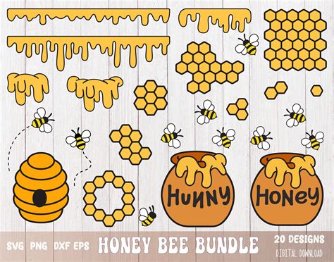 Svg Png Cartoon Honey Bee Bundle Honeycomb Dripping Honey Etsy Uk