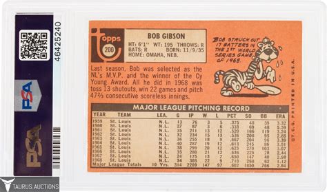 Topps St Louis Cardinals Hof Bob Gibson Baseball Card Psa