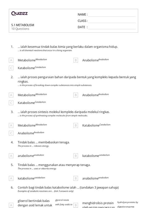 Metabolism Worksheets For Th Class On Quizizz Free Printable