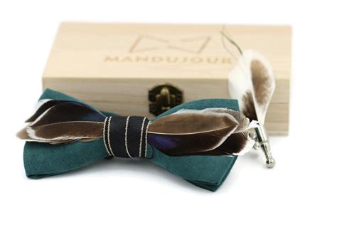 Mallard Duck Feather Bow Tie With Feather Lapel Pin Set Handmade Free Feather Lapel Pin T