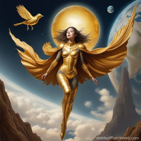 Bird-Woman in Golden Armor Soars From Earth | Stable Diffusion Online