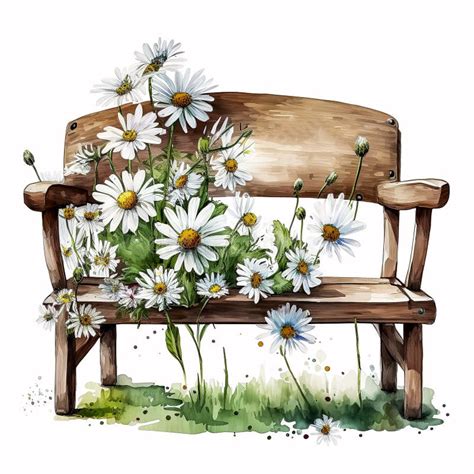 Nostalgic Garden Watercolor Wooden Garden Benches With Spring Daisies