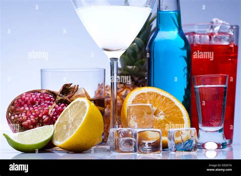 Alcohol drinks set with fruits Stock Photo - Alamy