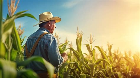 Premium AI Image Farmer Examining Corn Plant Field And Bright Sky In