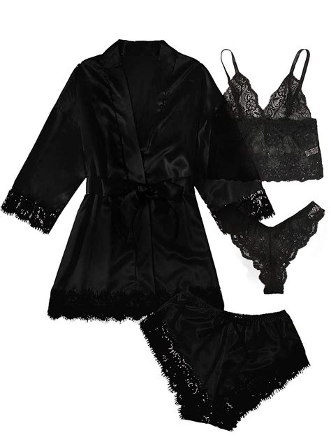 Gustave Women Silk Satin Pajama Set 4pcs Sexy Lingerie Floral Lace Trim Cami Long Sleeve Robe