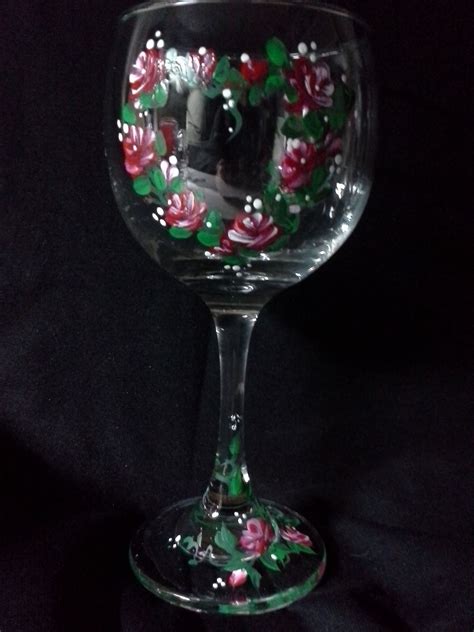 Hand Painted Valentine Wine Glass With Roses Shop Julespaints Wine Glass