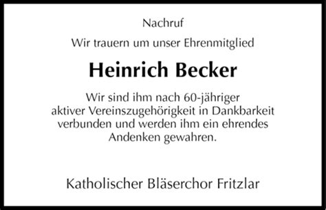 Traueranzeigen Von Heinrich Becker Trauer HNA De