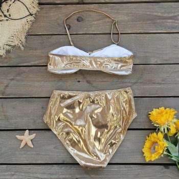 Wholesale Sexy Holographic Gold Padded Removable Strap Bikini Set