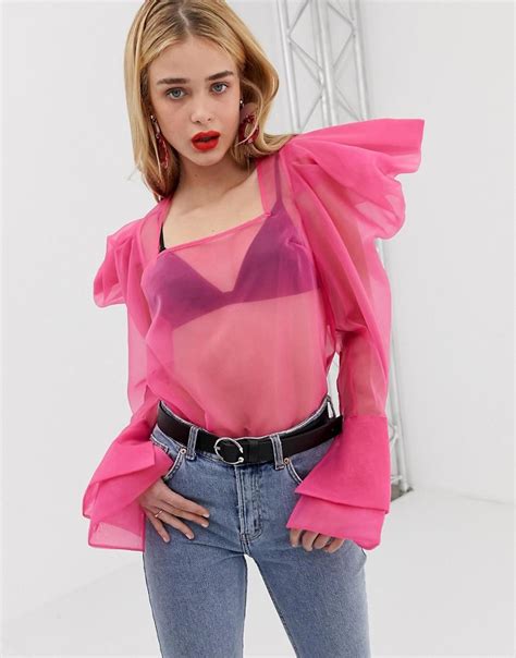 Asos Long Sleeve Organza Blouse With Puff Sleeves In Neon In Pink Lyst