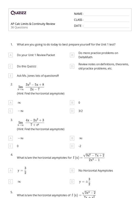 50 Limits And Continuity Worksheets For 10th Year On Quizizz Free