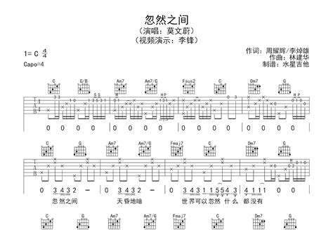 《忽然之间》吉他谱c调简单版 初学初级版 莫文蔚六线谱 C调和弦 吉他简谱