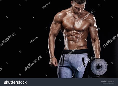 Muscular Fitness Sports Man Atlete Dumbbell Stock Photo