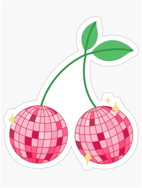 Two Pink Cherries With Green Leaves Sticker On White Background One Is