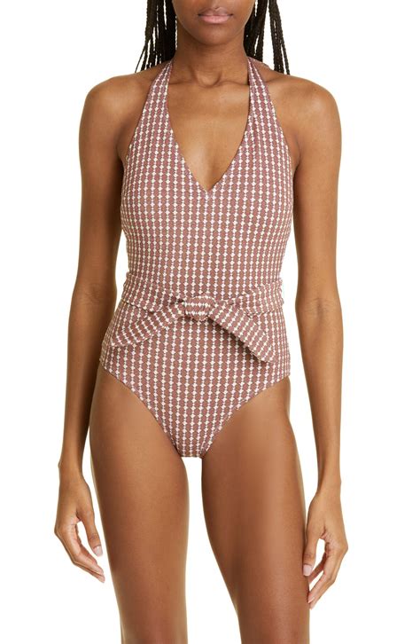 Lemlem Zala Belted One Piece Halter Swimsuit Bronze Editorialist