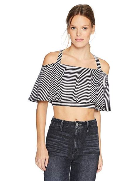 Navy Stripe Off Shoulder Crop Top With Ruffle Crop Tops Off Shoulder