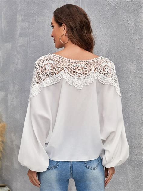 Contrast Guipure Lace Lantern Sleeve Knot Front Blouse Knot Front