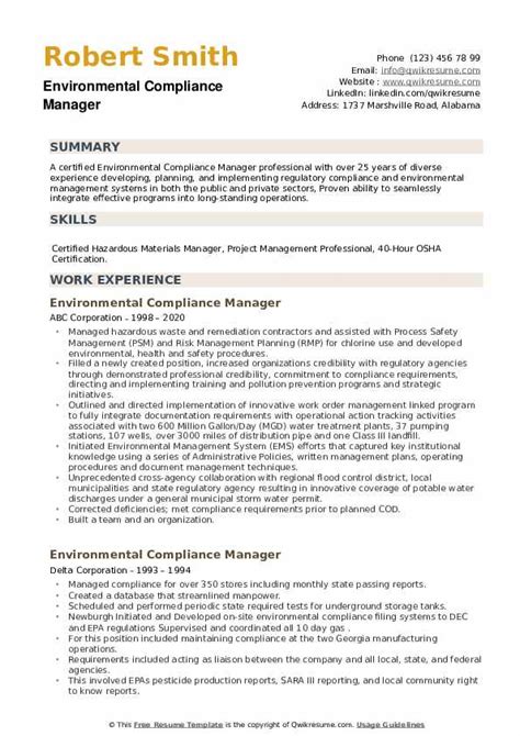 Environmental Compliance Manager Resume Samples Qwikresume