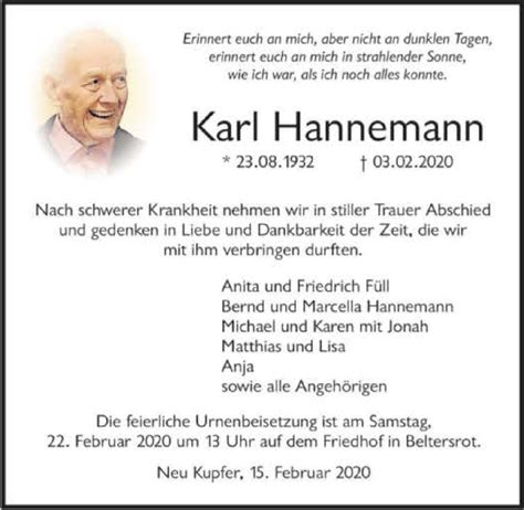 Traueranzeigen Von Karl Hannemann Trauerundgedenken De