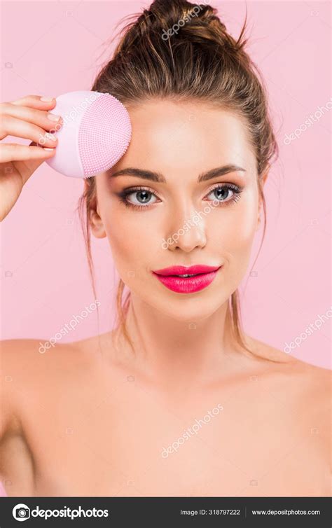 Naked Beautiful Woman Pink Lips Holding Facial Cleansing Brush Isolated