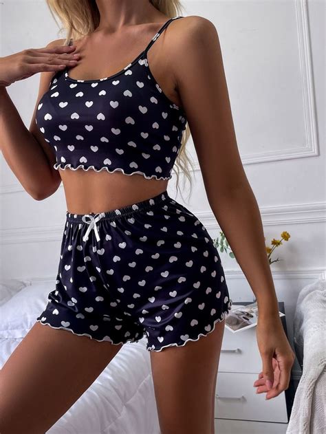 Heart Print Lettuce Trim Cami Top And Shorts Pj Set Flirty Pajamas