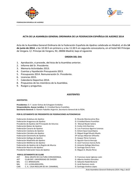 Acta Asamblea Anterior Federaci N Espa Ola De Ajedrez