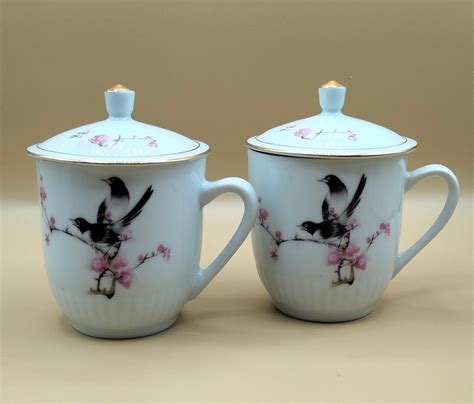 Vintage Bone China Mugs With Lids Pink Blossoms and Birds - Etsy