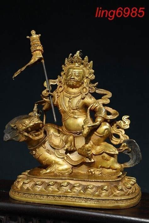 Tibet Buddhism Bronze Gilt Vaishravana Treasure King Buddha On Lions