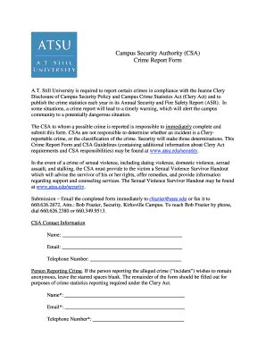 Fillable Online Atsu Campus Security Authority CSA Crime Report Form