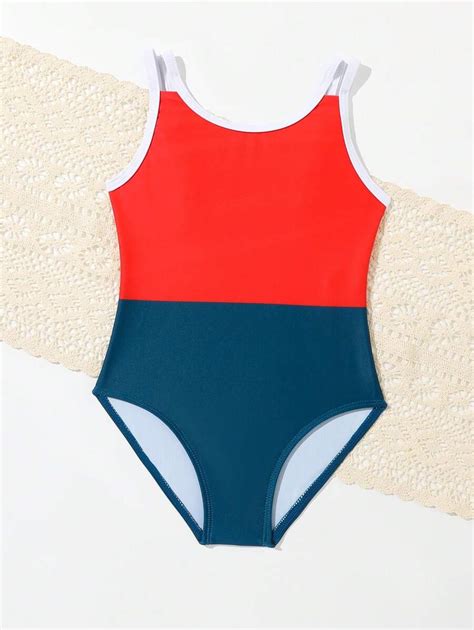 Girls Color Block One Piece Swimsuit Shein Usa