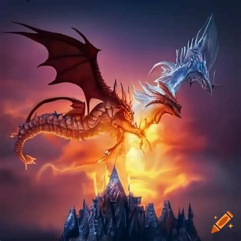 Fire Dragon Battling An Ice Dragon Above An Enchanted Castle In The