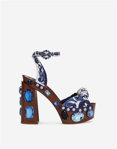 Majolica Print Canvas Wedge Sandals With Gemstones In Multicolor