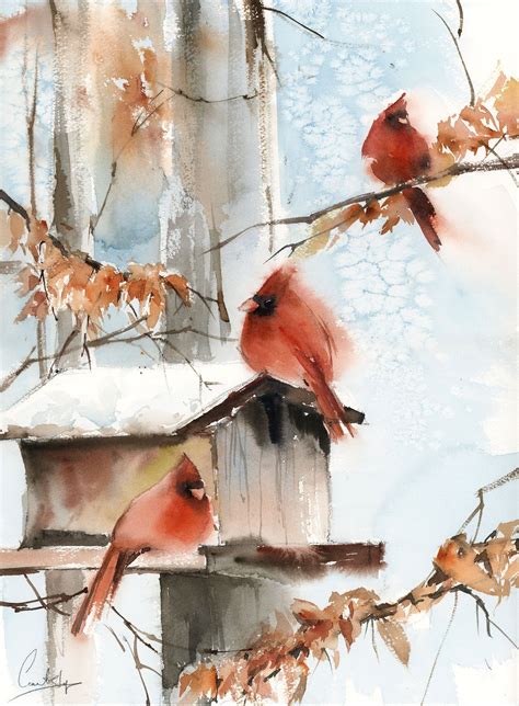 Northern Cardinals And Birds Feeder Original Watercolor Painting