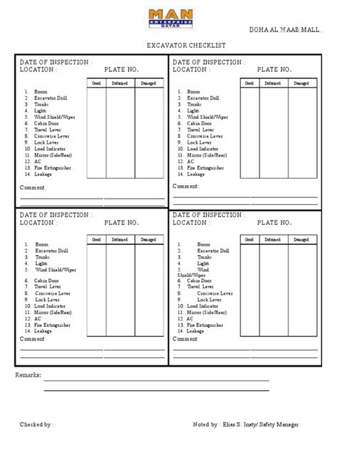 Excavator Checklist | PDF | Vehicles | Manufactured Goods