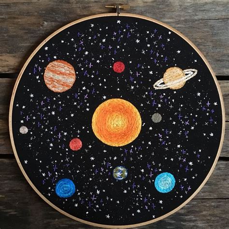 Outer Space Embroidery Art Solar System Hoop Hand Stitched Sun