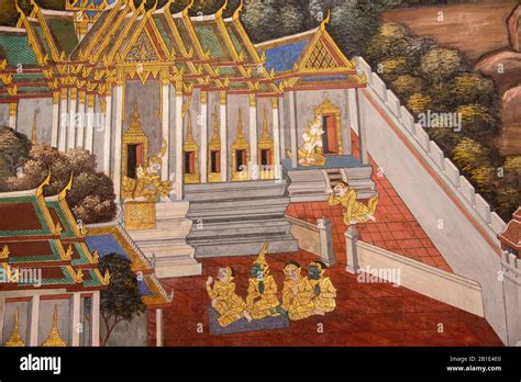 Asia Thailand Bangkok Grand Palace Ramakien Gallery Paintings Stock